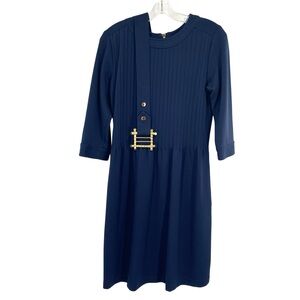 Elizabeth McKay The Pleated Belted Knit Dress Navy Blue